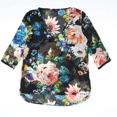 H&M Womens Black Floral Polyester Basic Blouse Size 6 V-Neck - Sheer