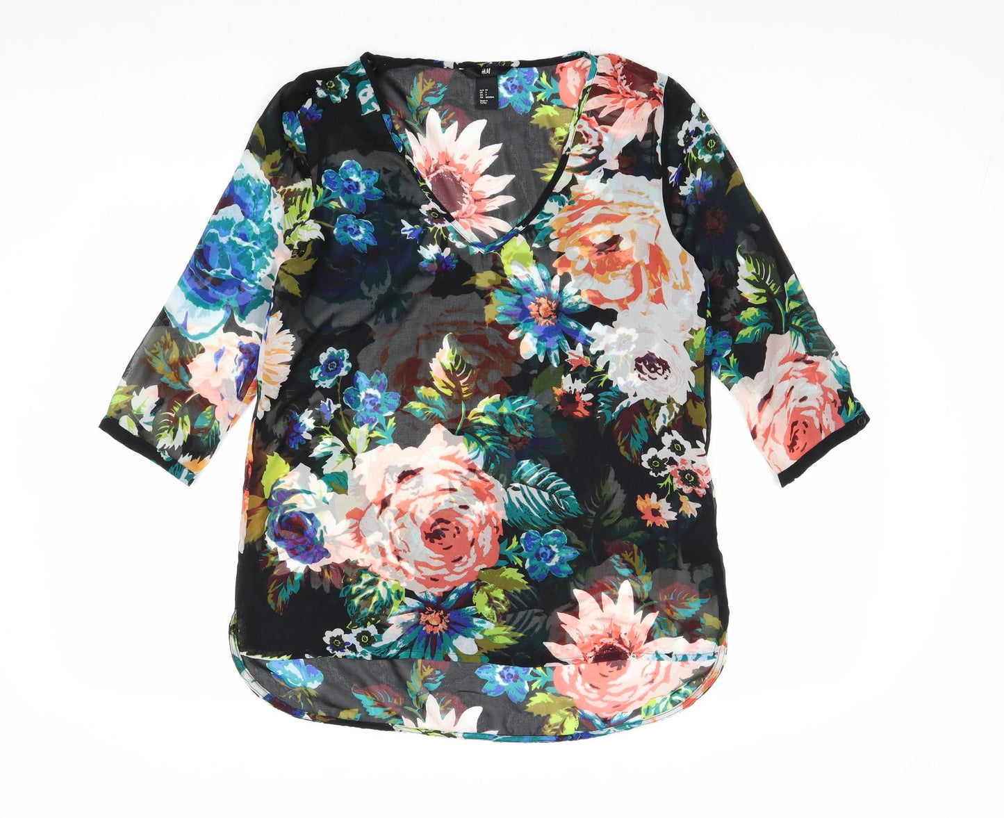 H&M Womens Black Floral Polyester Basic Blouse Size 6 V-Neck - Sheer