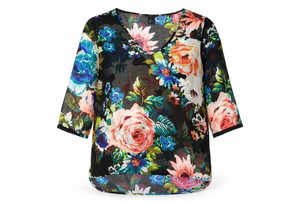 Front view of H&M women’s black floral polyester basic blouse, size UK 6, v-neck - sheer