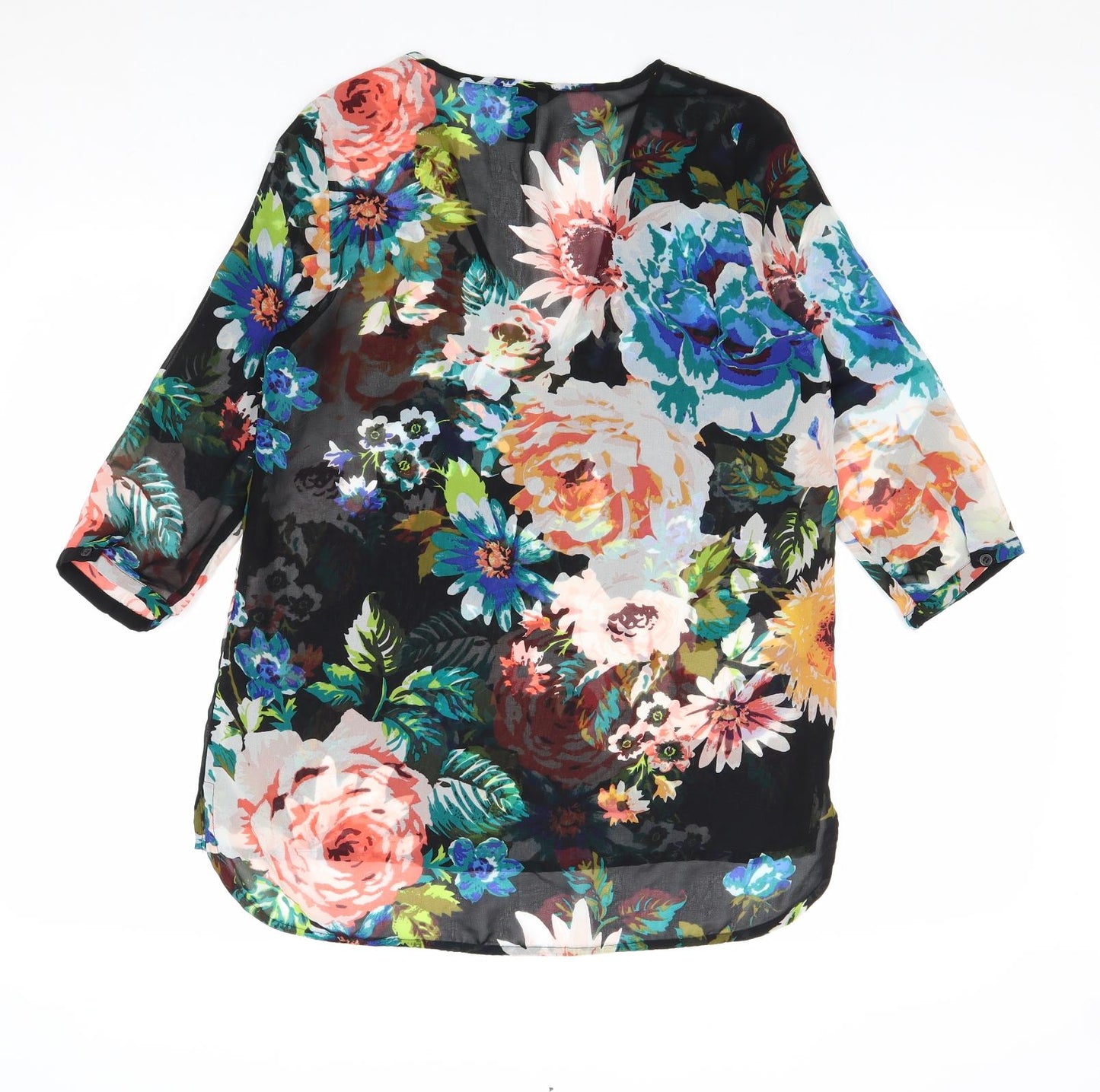 H&M Womens Black Floral Polyester Basic Blouse Size 6 V-Neck - Sheer