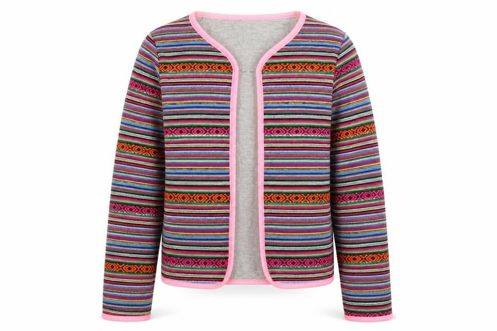 Front view of WILDE girls’ multicoloured geometric jacket, size 10, years hook & eye