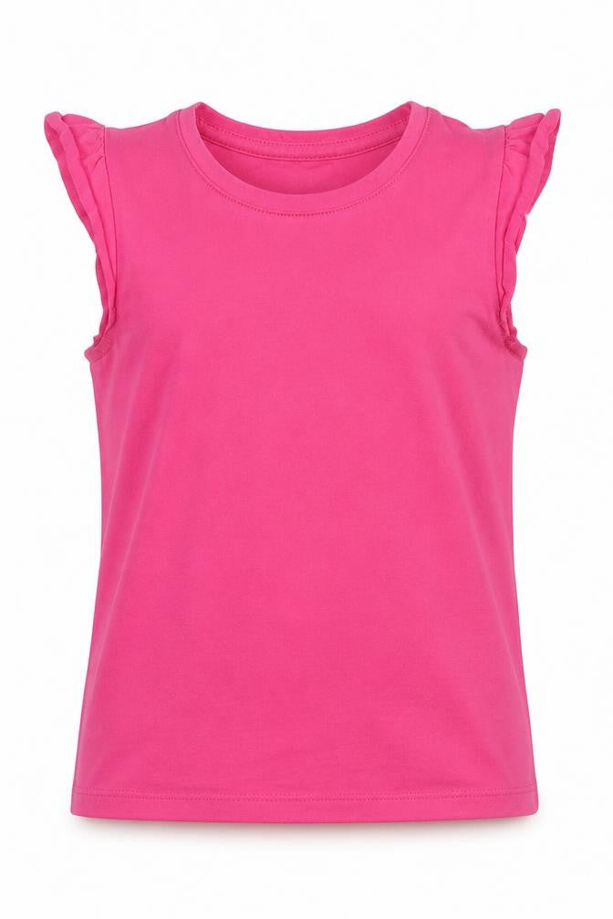 Front view of John Lewis girls’ pink 100% cotton basic tank, size 6, years round neck pullover