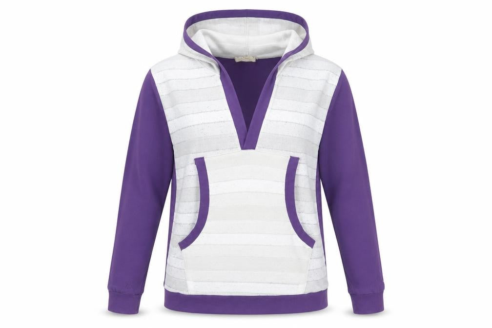 Front view of Fuel women’s purple striped polyester pullover hoodie, size L, pullover