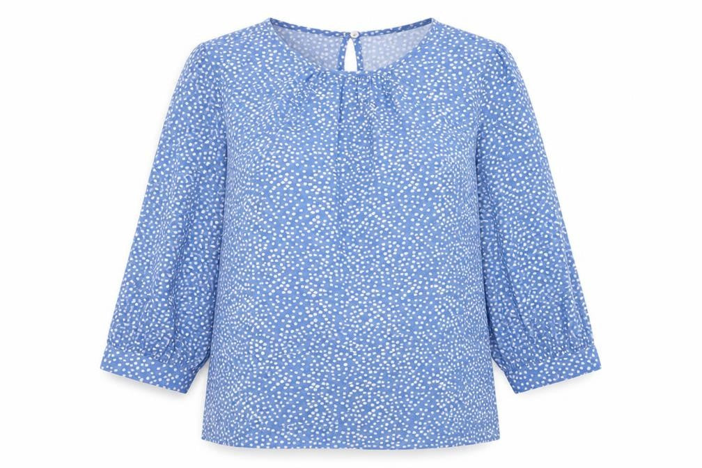 Front view of Very women’s blue geometric viscose basic blouse, size UK 10, boat neck