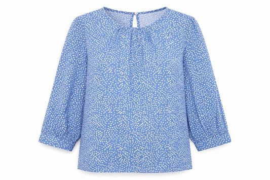 Front view of Very women’s blue geometric viscose basic blouse, size UK 10, boat neck