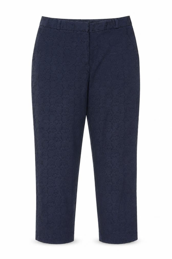 Front view of Atmosphere women’s blue geometric cotton trousers, size UK 8, regular hook & eye