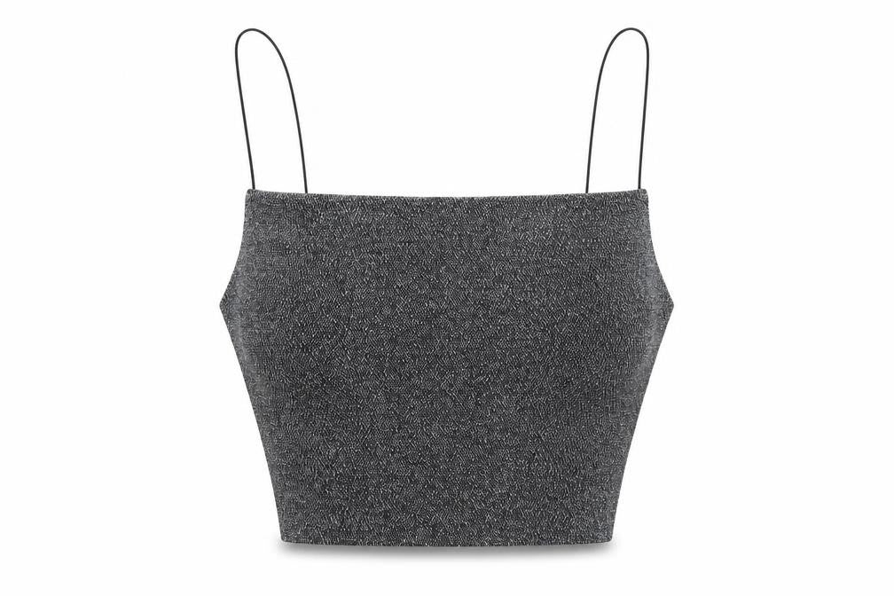 Front view of H&M women’s black polyamide cropped tank, size M, square neck
