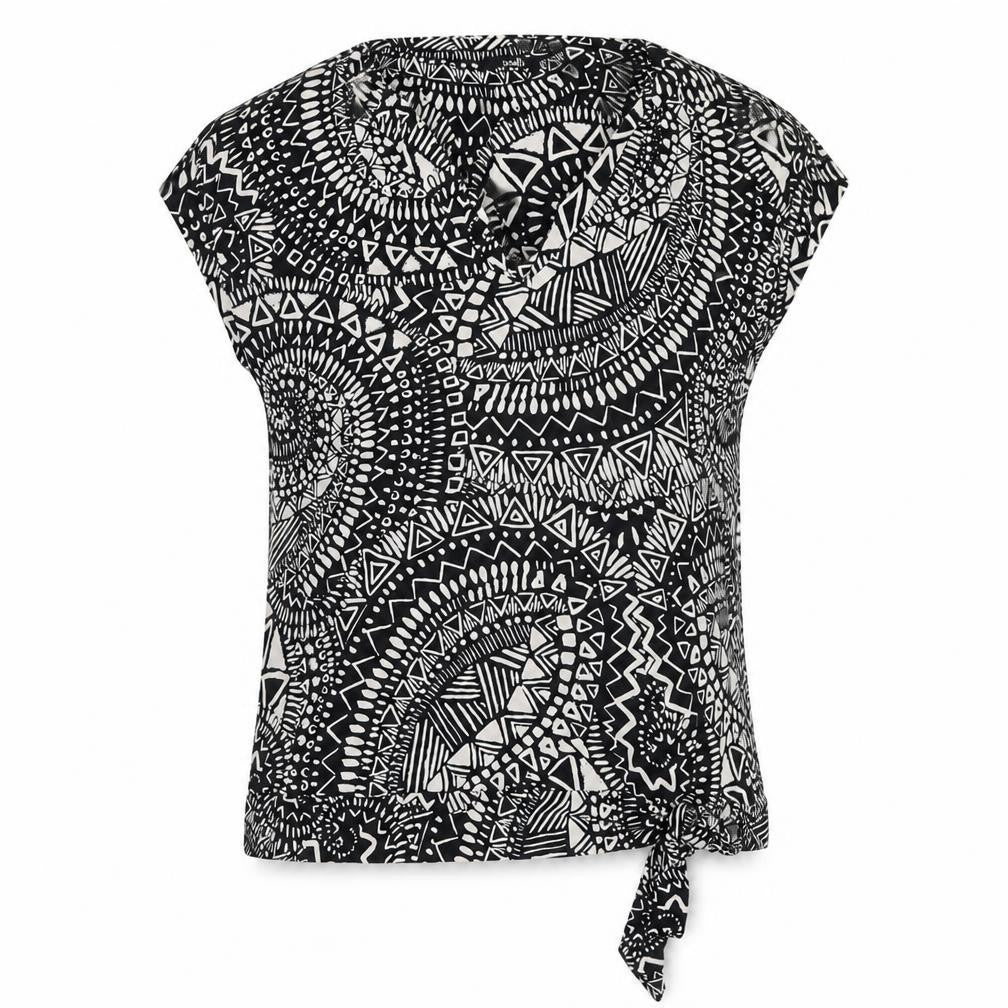 Front view of Wallis women’s black geometric viscose basic blouse, size UK 12, v-neck