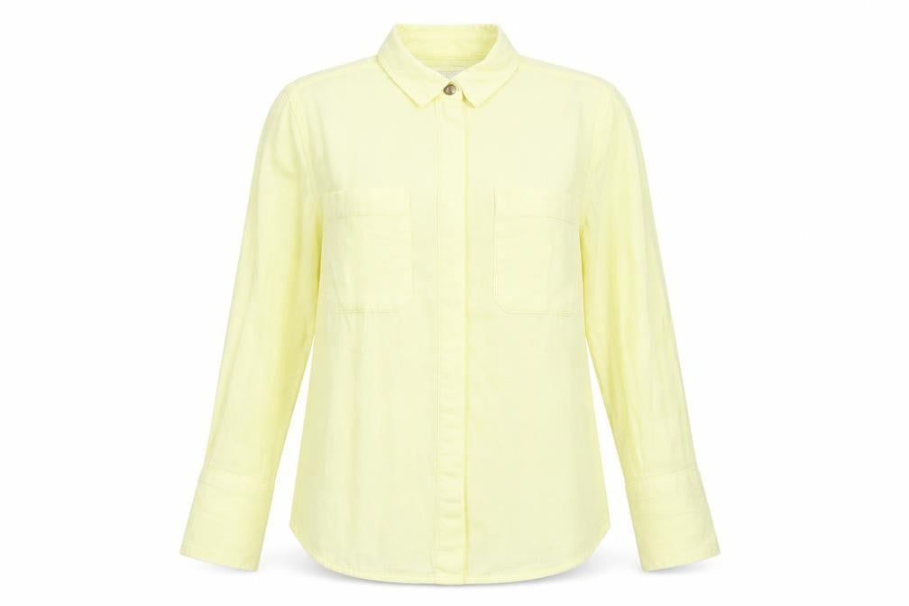 Front view of Warehouse women’s yellow cotton basic button-up, size UK 10, collared