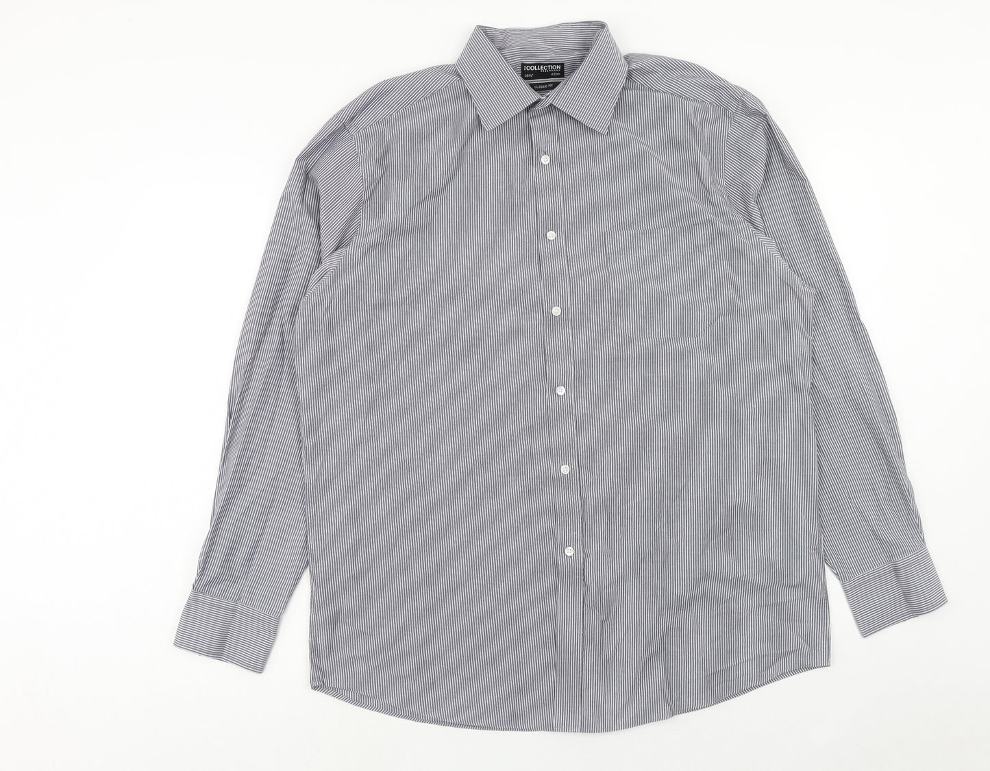 Debenhams Mens Grey Striped Polyester Dress Shirt Size 16.5 Collared Button