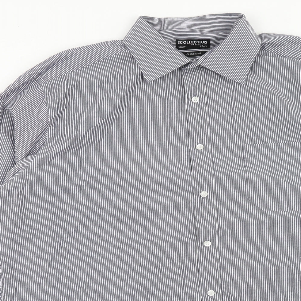 Debenhams Mens Grey Striped Polyester Dress Shirt Size 16.5 Collared Button
