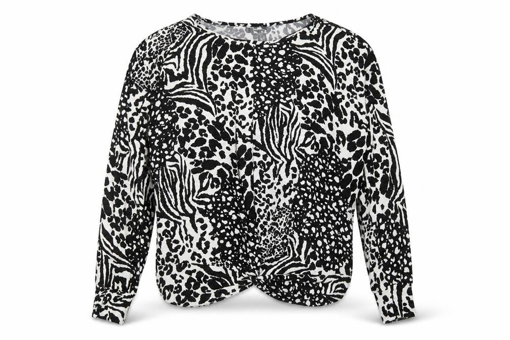 New Look Womens Black Animal Print Viscose Basic Blouse Size 14 Boat Neck