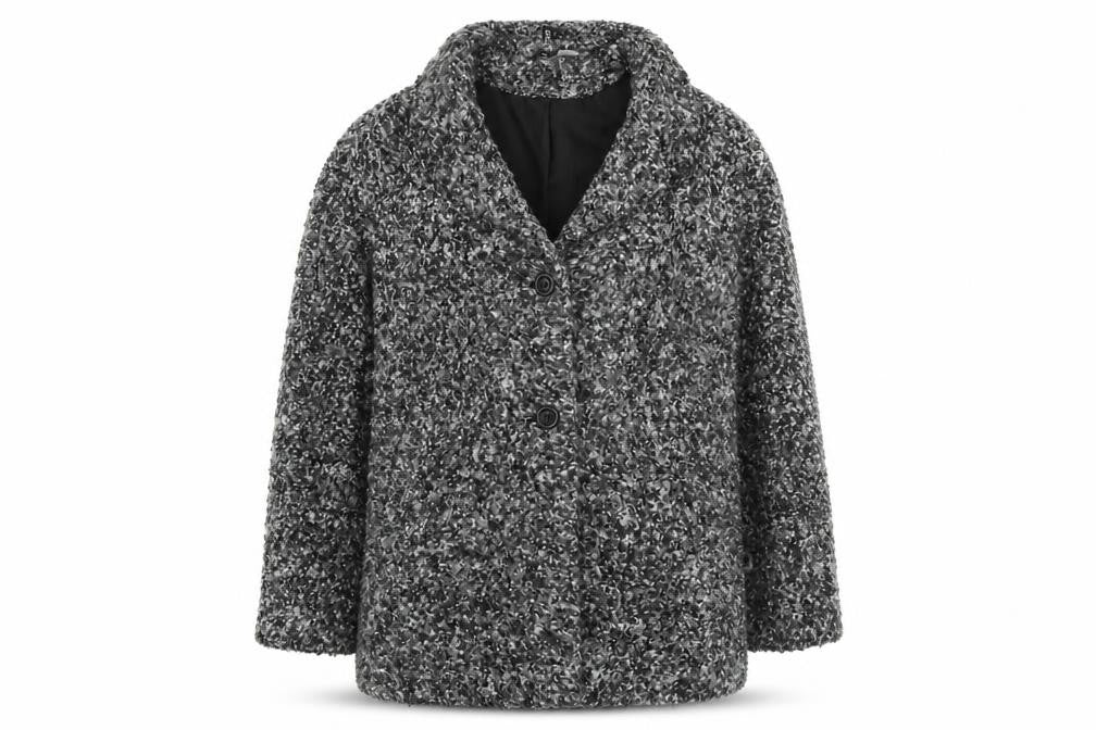 Front view of H&M women’s black geometric jacket, size UK 10, button