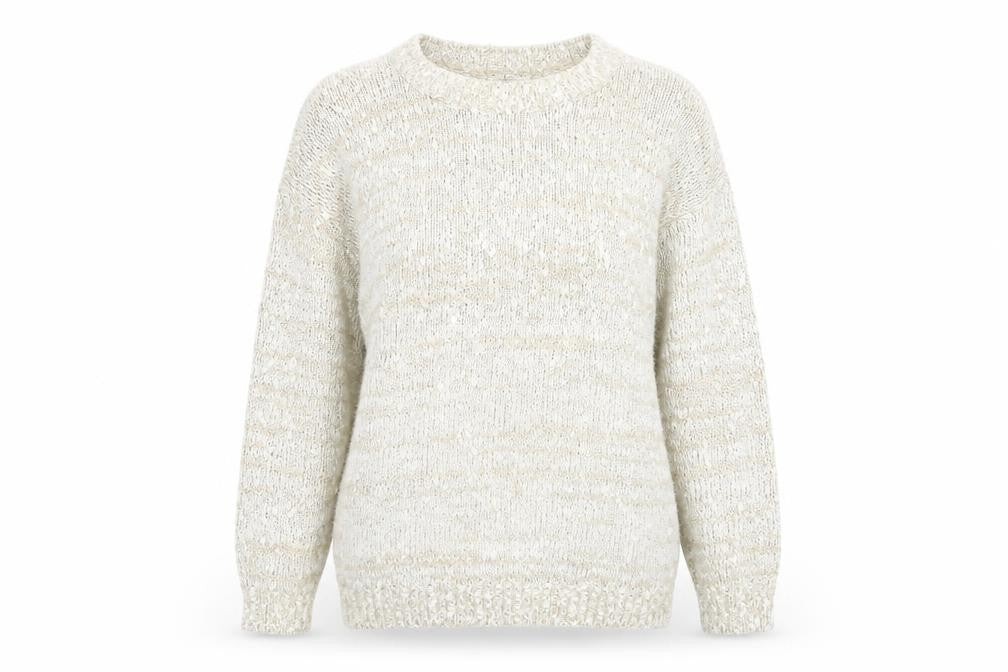 Front view of Debenhams women’s beige round neck acrylic jumper, size M