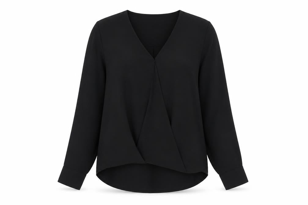 Front view of New Look women’s black polyester basic blouse, size UK 10, v-neck