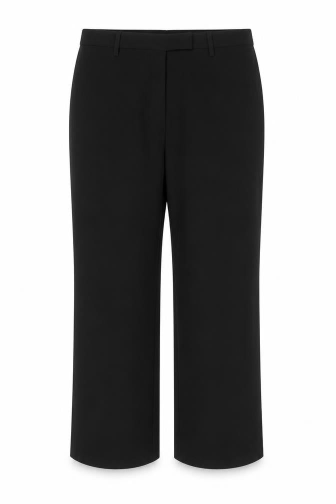 Front view of Kit women’s black polyester trousers, size UK 14, regular hook & eye