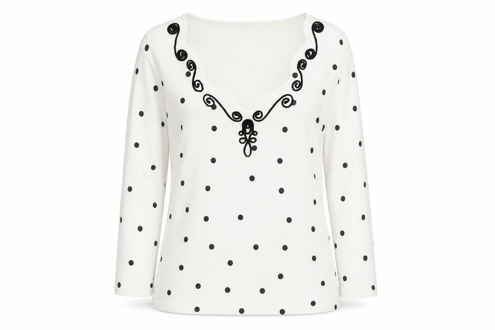 Front view of Precis women’s white v-neck polka dot viscose jumper, size S