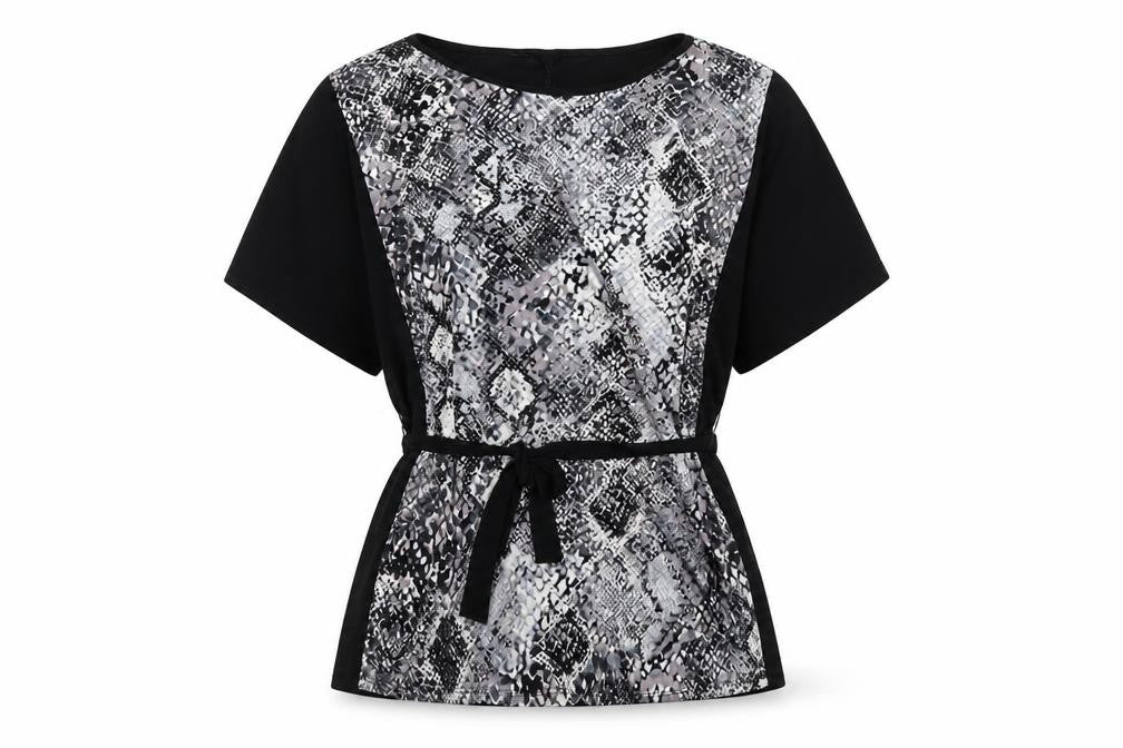 Front view of Classics women’s black animal print polyester basic blouse, size UK 14, boat neck - snake print