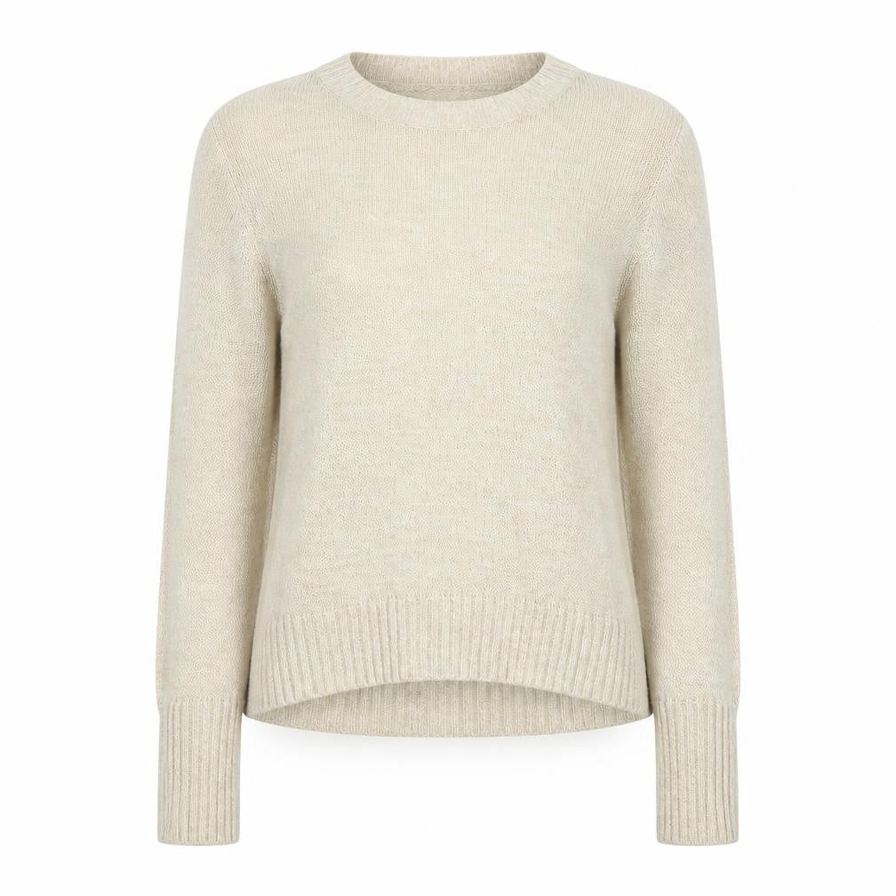 Front view of H&M women’s beige round neck acrylic jumper, size XS