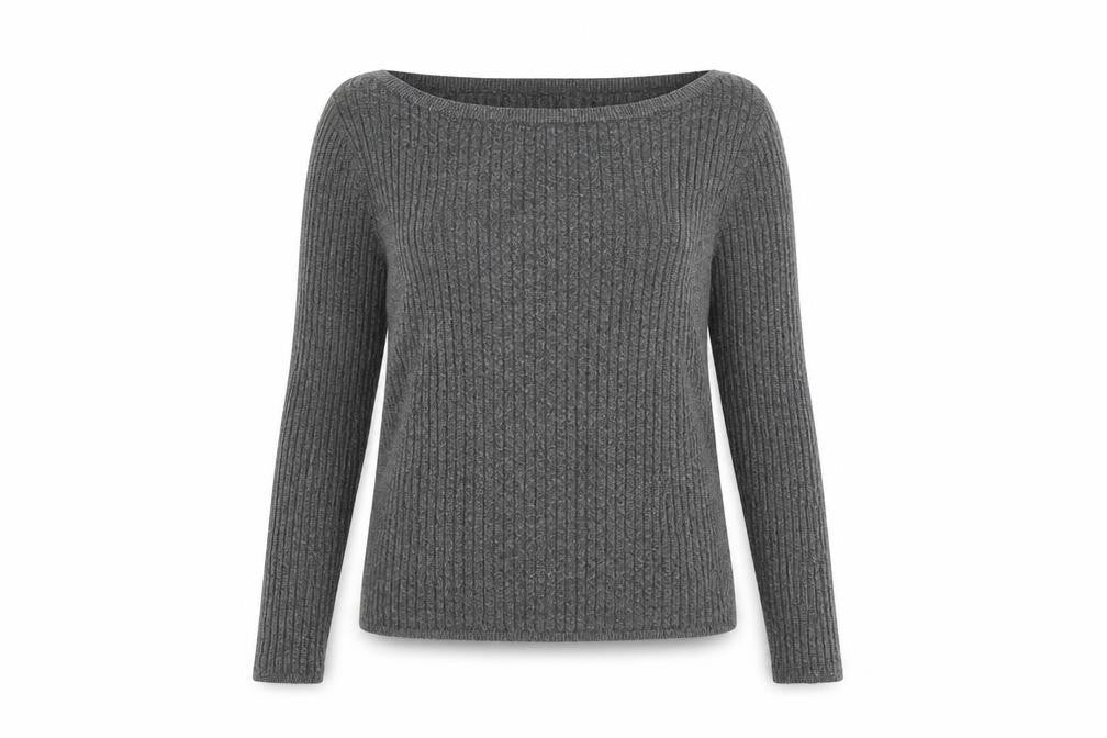 Front view of Marks & Spencer women’s grey round neck viscose jumper, size UK 8