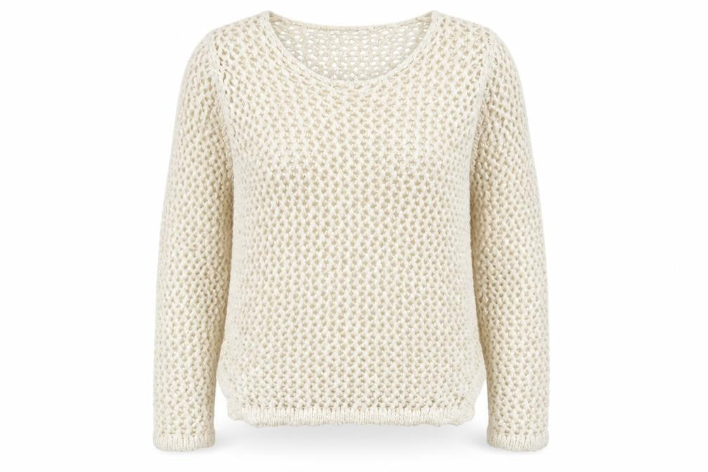 Front view of H&M women’s ivory round neck acrylic jumper, size M