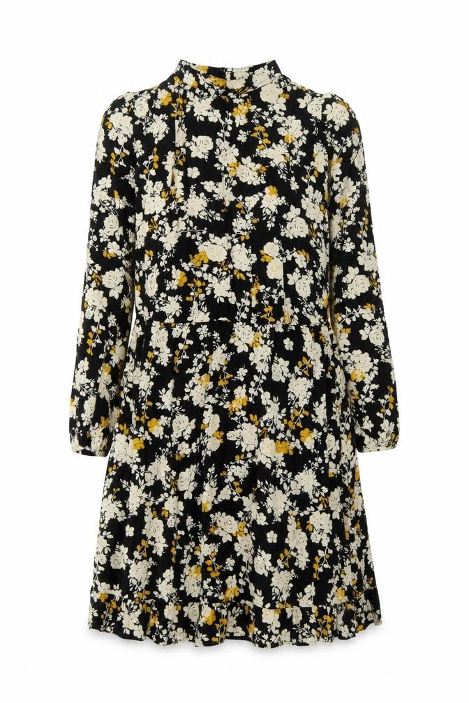 Front view of Next women’s black floral viscose a-line, size UK 6, round neck button