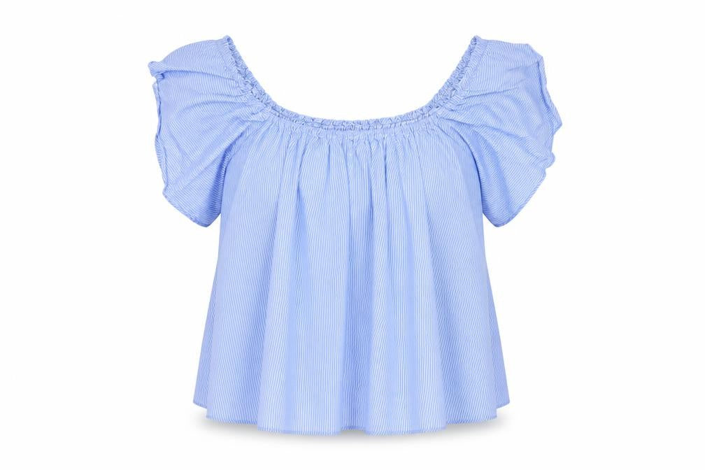 Front view of New Look women’s blue striped cotton basic blouse, size UK 10, off the shoulder