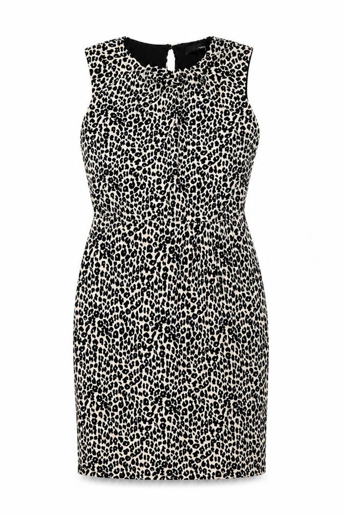 Front view of Next women’s beige animal print polyester pencil dress, size UK 14, round neck button - leopard pattern
