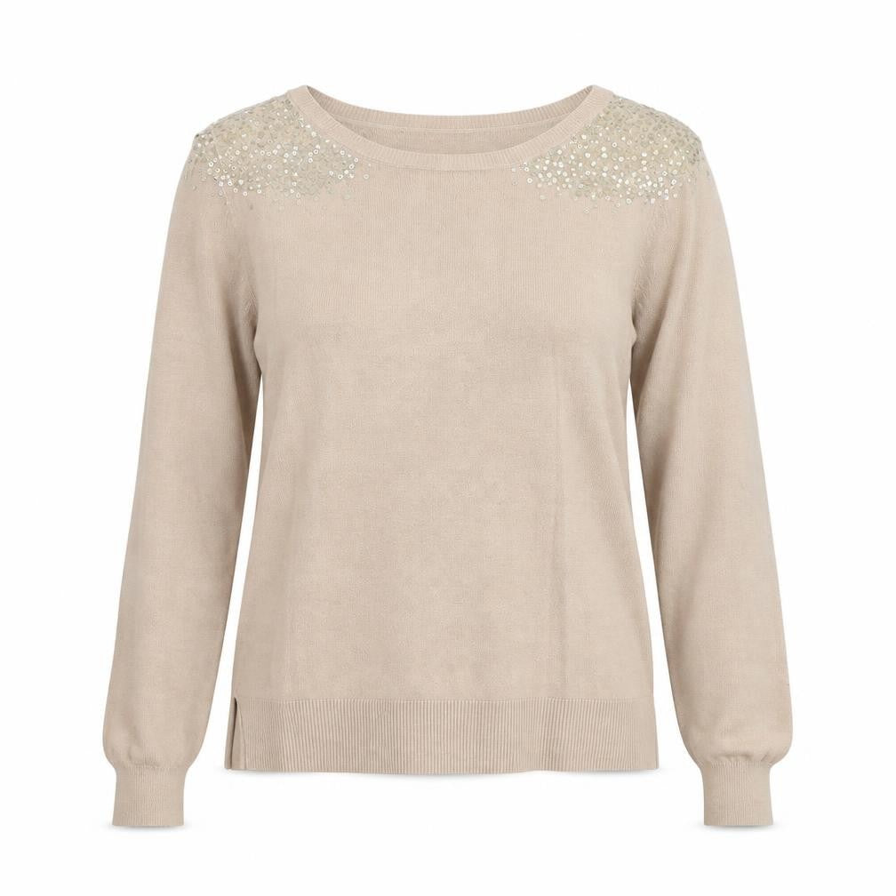 Front view of Oasis women’s beige round neck cotton jumper, size M