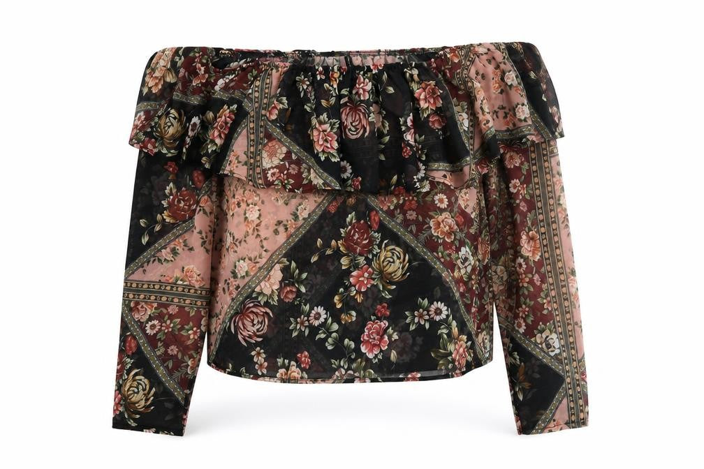 Front view of Stradivarius women’s black floral polyester basic blouse, size L, off the shoulder