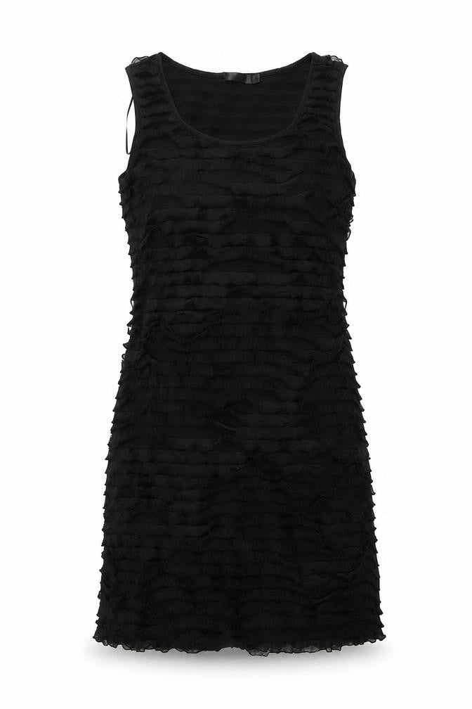 Front view of Encuentro women’s black polyester tank dress, size S, round neck pullover