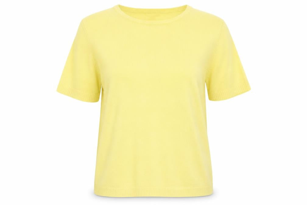 Front view of Classics women’s yellow round neck acrylic jumper, size L