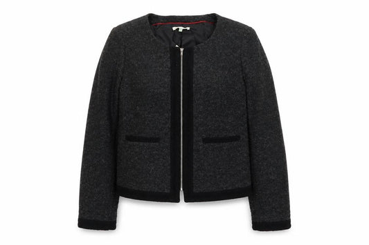 Front view of Lakeland women’s grey geometric jacket, size UK 10, zip