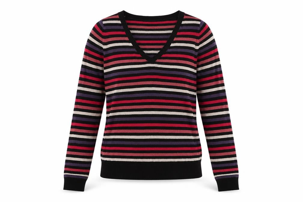 Marks and Spencer Womens Multicoloured V-Neck Striped Acrylic Pullover Jumper Size 8