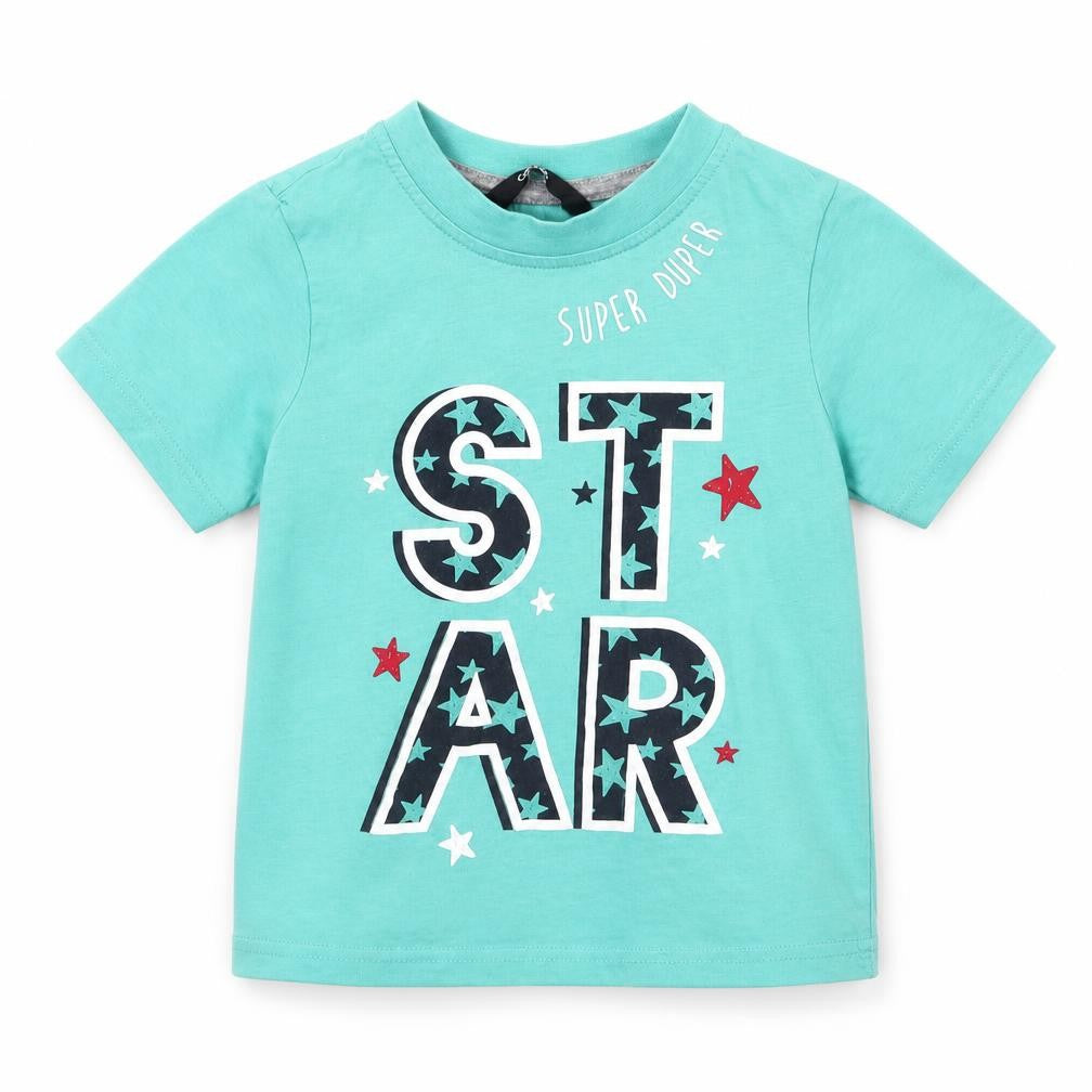 Front view of George boys’ green cotton basic t-shirt, size 2-3, years round neck pullover - star