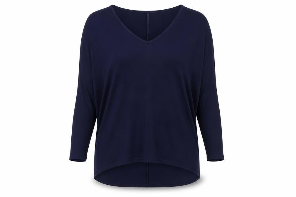 Front view of Boohoo women’s blue viscose basic blouse, size UK 16, v-neck
