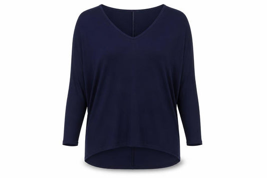 Front view of Boohoo women’s blue viscose basic blouse, size UK 16, v-neck