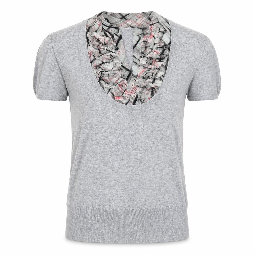 Front view of Untold women’s grey v-neck geometric viscose jumper, size UK 14, pullover