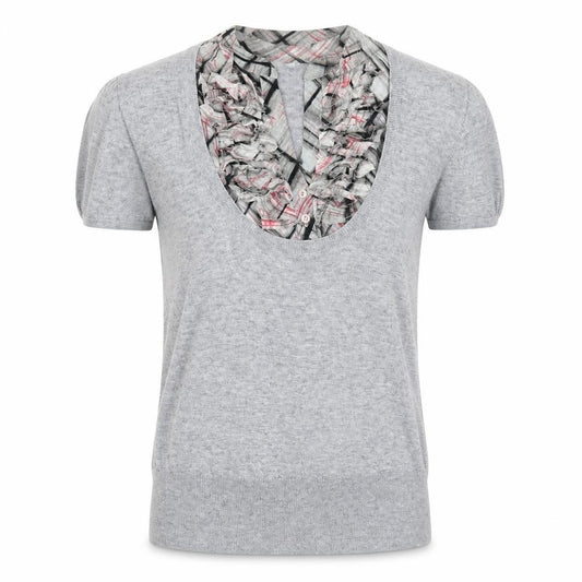 Front view of Untold women’s grey v-neck geometric viscose jumper, size UK 14, pullover