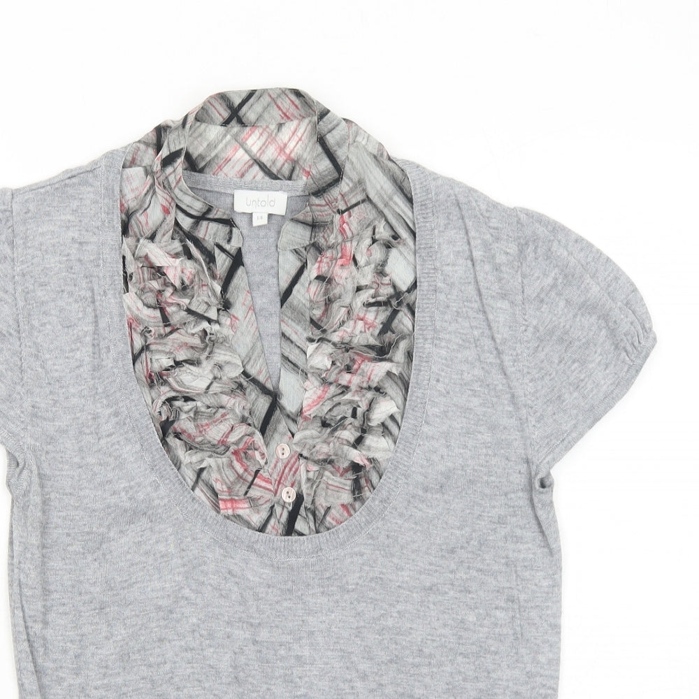 Untold Womens Grey V-Neck Geometric Viscose Pullover Jumper Size 14 Pullover
