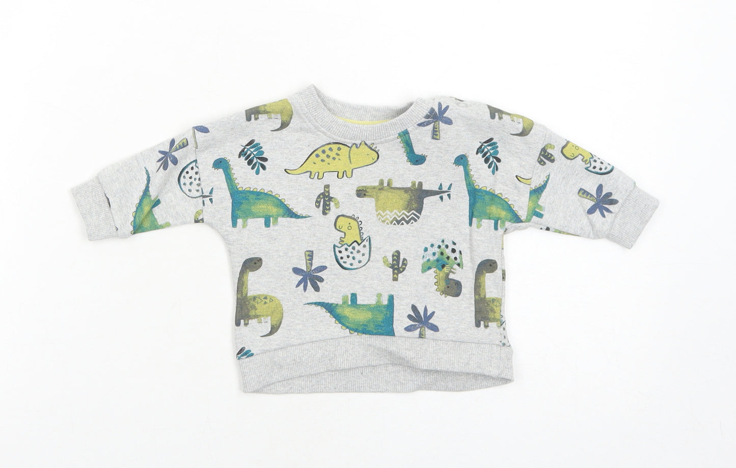 Nutmeg Boys Grey Cotton Pullover Button-Up Size 0-3 Months Round Neck Snap - Dinosaur, Cactus