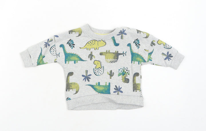 Nutmeg Boys Grey Cotton Pullover Button-Up Size 0-3 Months Round Neck Snap - Dinosaur, Cactus