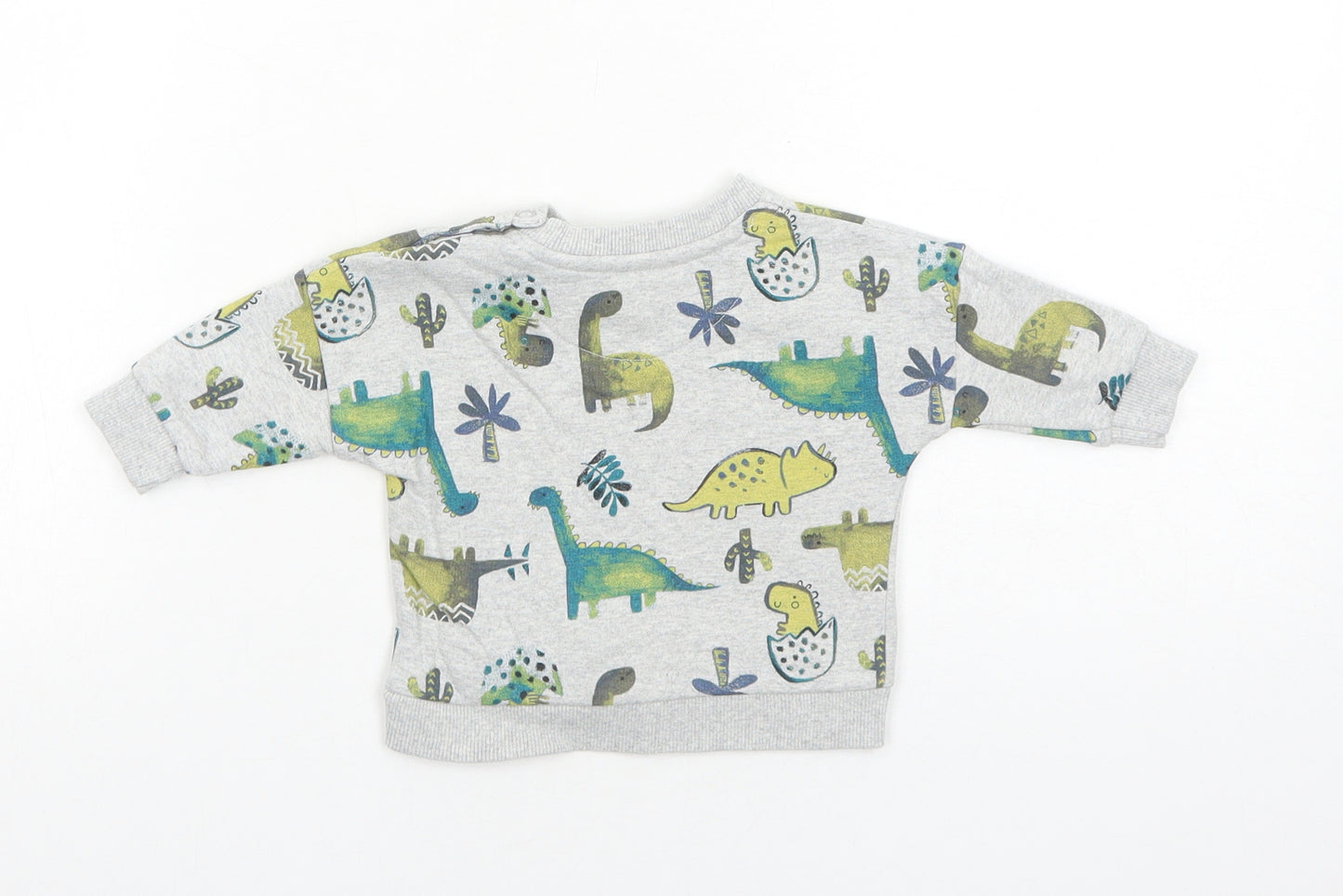 Nutmeg Boys Grey Cotton Pullover Button-Up Size 0-3 Months Round Neck Snap - Dinosaur, Cactus