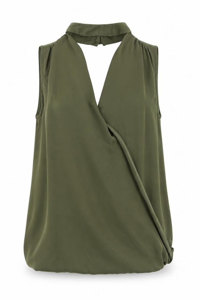 Front view of New Look women’s green polyester basic blouse, size UK 8, v-neck - choker