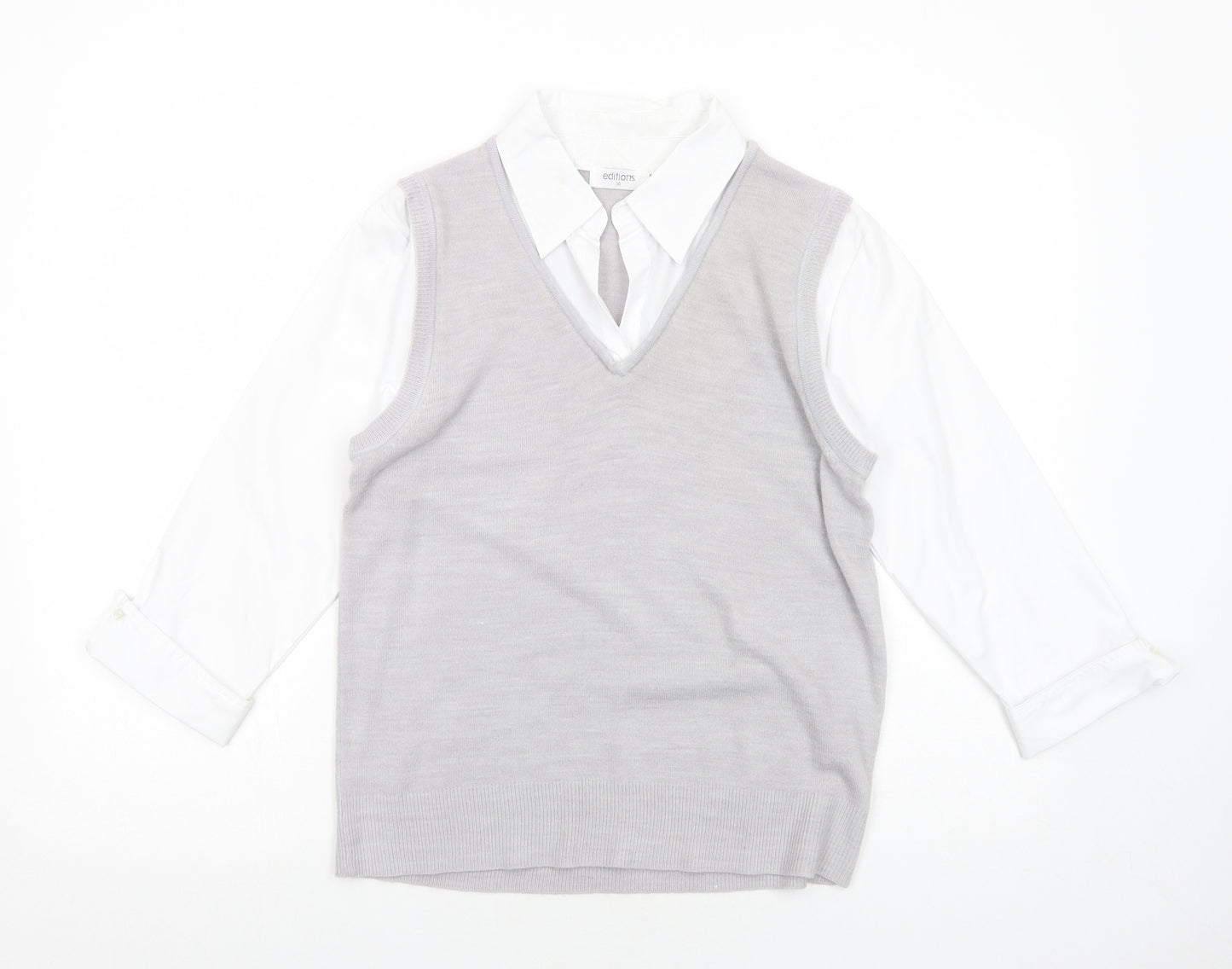 editions Womens Grey Acrylic Basic Blouse Size 14 V-Neck
