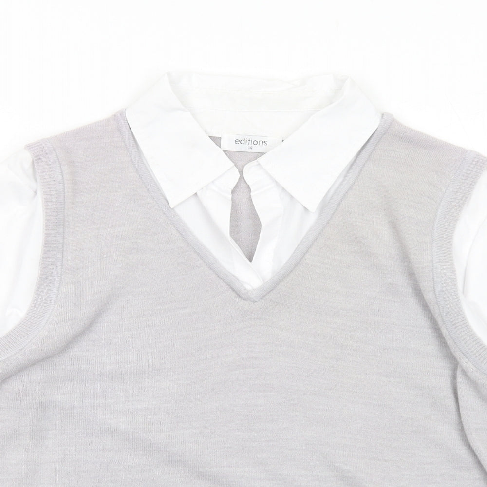editions Womens Grey Acrylic Basic Blouse Size 14 V-Neck