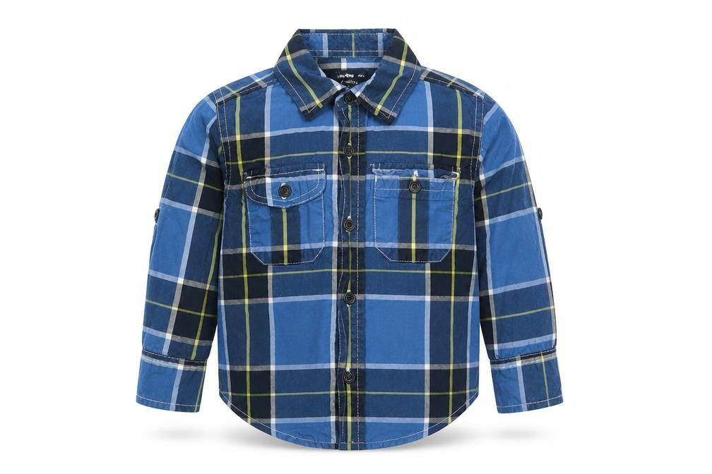 Front view of Gap boys’ blue plaid cotton basic button-up, size 2, years collared button