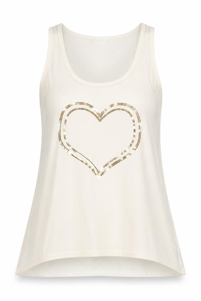 Front view of Apricot women’s ivory polyester basic tank, size M, scoop neck - heart