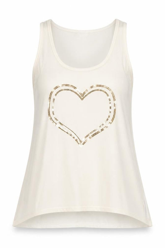 Front view of Apricot women’s ivory polyester basic tank, size M, scoop neck - heart