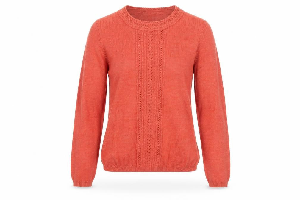 Front view of EWM women’s orange round neck polyester jumper, size S
